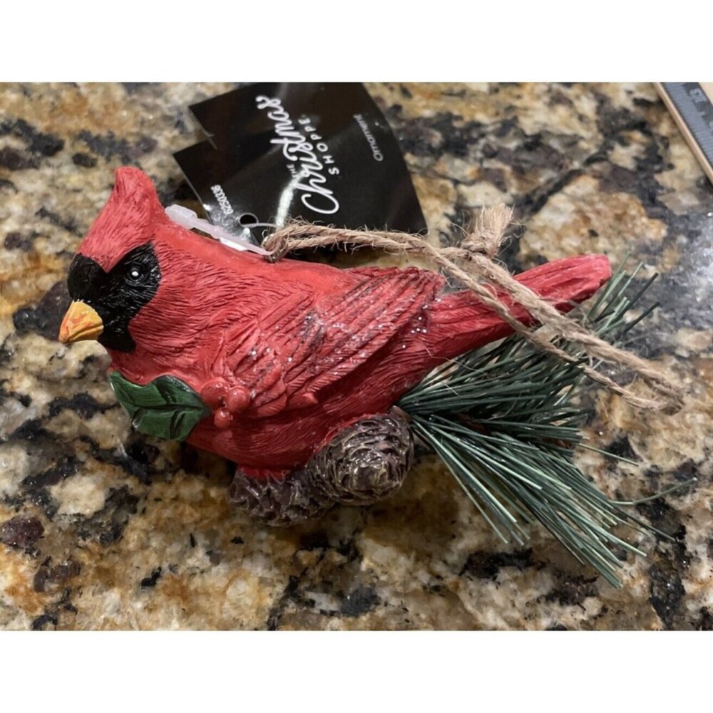 Cardinal Red Bird Resin‎ Christmas Holiday Ornament Pinecone Branch NEW Rustic